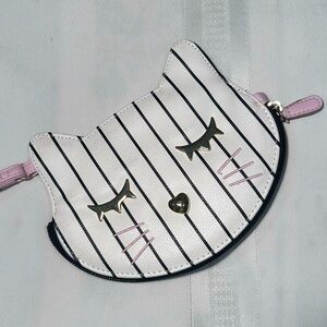 Luv Betsey Johnson cat coin purse clutch cream stripe zippered pouch cat lady